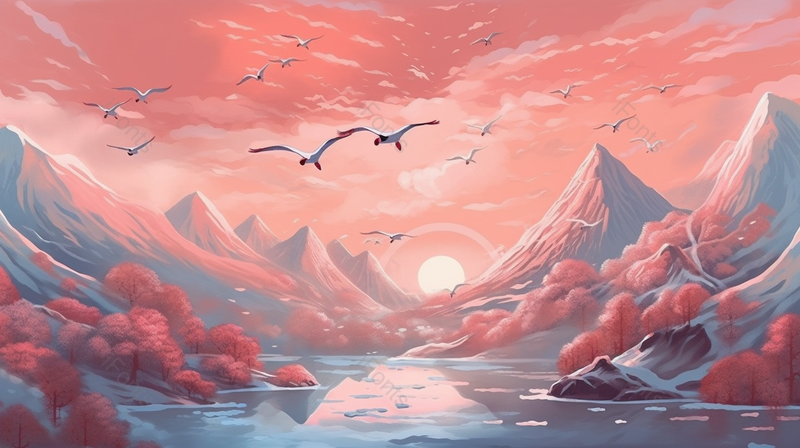 夕阳日出照射下的秀美山河雪景手绘背景,插画/手绘图,插画/手绘图库,插画/手绘图下载,插画/手绘